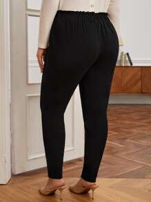 SHEIN Frenchy 大碼高腰接縫細節緊身褲 - 黑色 - 查看 5