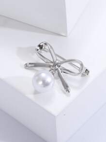 Faux Pearl Decor Bow Design Brooch - Silver - View 4
