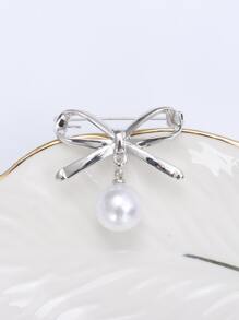 Faux Pearl Decor Bow Design Brooch - Silver - View 5