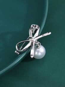 Faux Pearl Decor Bow Design Brooch - Silver - View 6