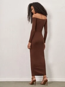 SHEIN BASICS Vestido De Punto De Canalé Ajustado Con Descubierto En Los Hombros - Café integral - Ver 2