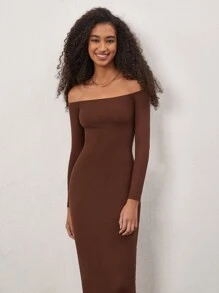 SHEIN BASICS Vestido De Punto De Canalé Ajustado Con Descubierto En Los Hombros - Café integral - Ver 4