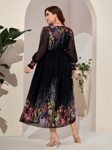 Modelyn 大碼印花荷葉袖雪紡連衣裙 - 黑色 - 查看 2