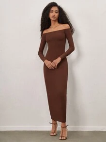 SHEIN BASICS Vestido De Punto De Canalé Ajustado Con Descubierto En Los Hombros - Café integral - Ver 5