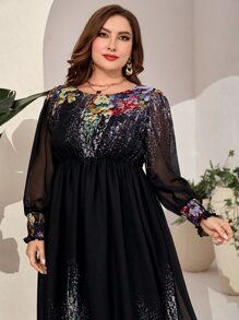 Modelyn 大碼印花荷葉袖雪紡連衣裙 - 黑色 - 查看 4