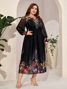 Modelyn 大碼印花荷葉袖雪紡連衣裙 - 黑色 - 查看 5