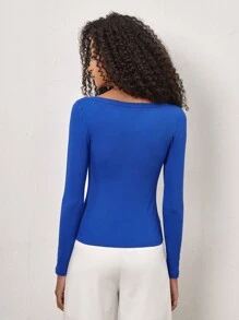 SHEIN BASICS Camiseta Ajustada De Punto Acanalado Con Cuello Redondo - Azul - Ver 2