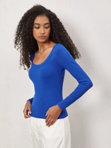 SHEIN BASICS Camiseta Ajustada De Punto Acanalado Con Cuello Redondo - Azul - Ver 4