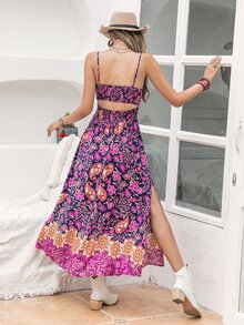 Rusttydustty 印花高衩腰帶吊帶洋裝 - 紫色 - 查看 2