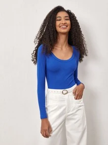 SHEIN BASICS Camiseta Ajustada De Punto Acanalado Con Cuello Redondo - Azul - Ver 5