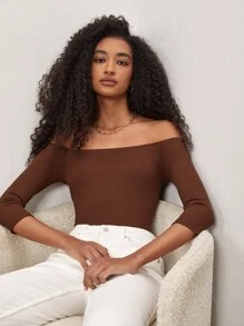 SHEIN BASICS Off Shoulder Ribbed Knit Tee - Coffee Brown - View 1