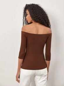 SHEIN BASICS Off Shoulder Ribbed Knit Tee - Coffee Brown - View 2