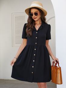 SHEIN VCAY Lapel Collar Button Front Shirt Dress - Black - View 1