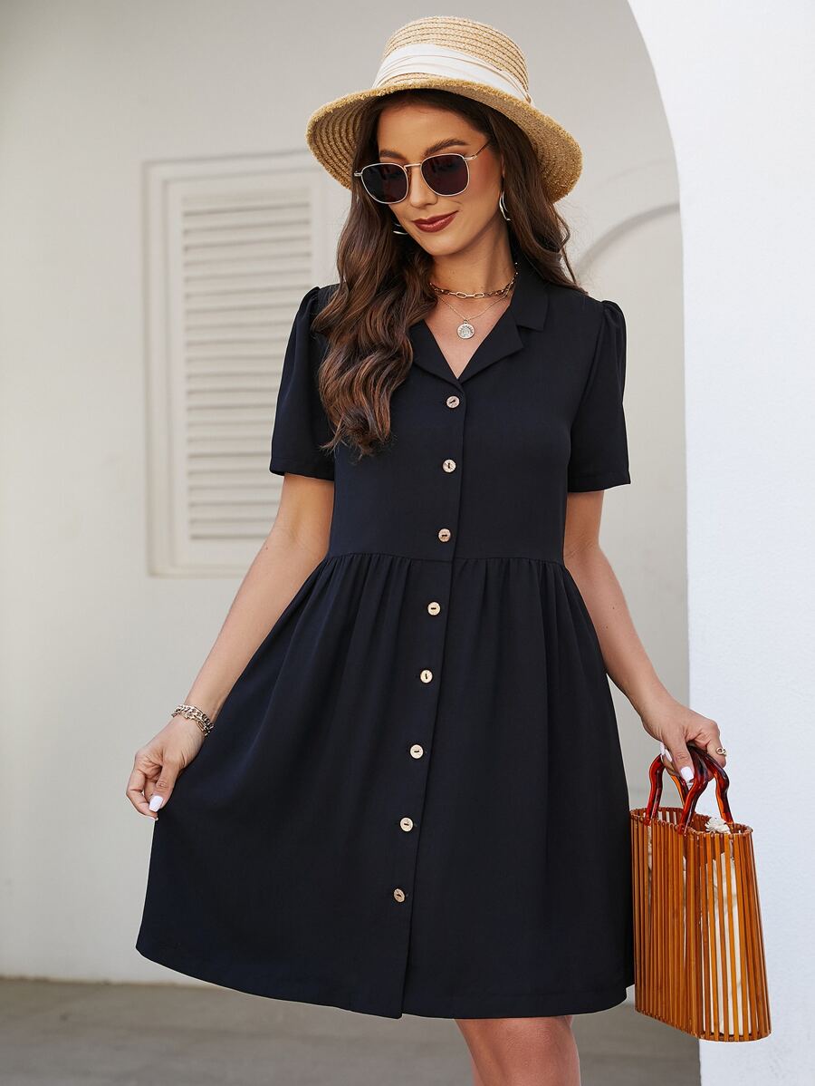 SHEIN VCAY Lapel Collar Button Front Shirt Dress - Black - View 1