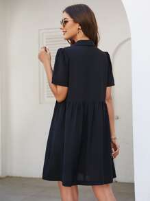 SHEIN VCAY Lapel Collar Button Front Shirt Dress - Black - View 2