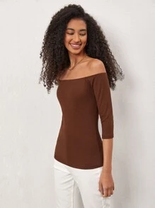 SHEIN BASICS Off Shoulder Ribbed Knit Tee - Coffee Brown - View 4