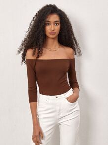 SHEIN BASICS Off Shoulder Ribbed Knit Tee - Coffee Brown - View 5