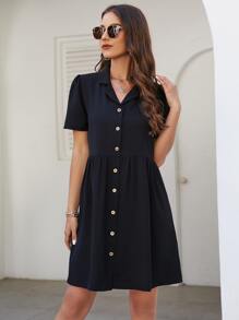 SHEIN VCAY Lapel Collar Button Front Shirt Dress - Black - View 4