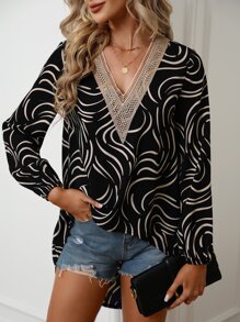 Allover Print Guipure Lace Insert Lantern Sleeve Blouse - Black - View 3