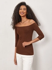SHEIN BASICS Off Shoulder Ribbed Knit Tee - Coffee Brown - View 6