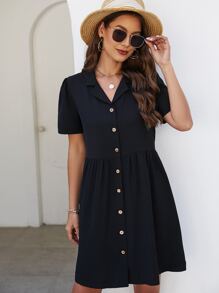 SHEIN VCAY Lapel Collar Button Front Shirt Dress - Black - View 5