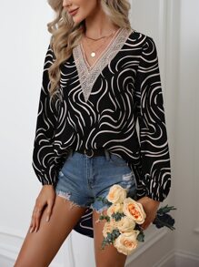 Allover Print Guipure Lace Insert Lantern Sleeve Blouse - Black - View 1