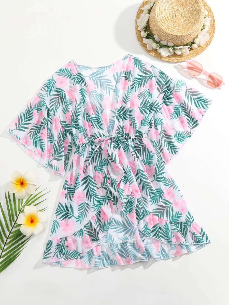 Girls Tropical Print Drawstring Waist Ruffle Trim Kimono - Multicolor - View 1