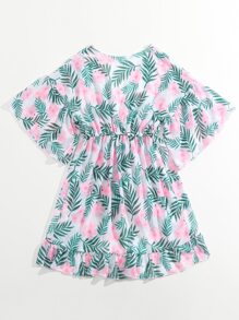 Girls Tropical Print Drawstring Waist Ruffle Trim Kimono - Multicolor - View 2