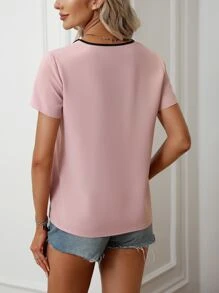 SHEIN LUNE Contrast Binding Fold Pleated Detail Blouse - Pink - View 2