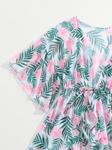 Girls Tropical Print Drawstring Waist Ruffle Trim Kimono - Multicolor - View 4