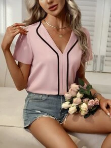 SHEIN LUNE Contrast Binding Fold Pleated Detail Blouse - Pink - View 4