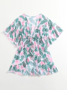 Girls Tropical Print Drawstring Waist Ruffle Trim Kimono - Multicolor - View 5