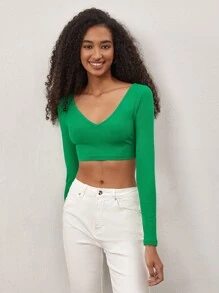 SHEIN BASICS V Neck Ribbed Long Sleeve Crop Tee - Green - View 4
