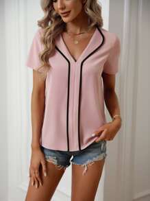 SHEIN LUNE Contrast Binding Fold Pleated Detail Blouse - Pink - View 5