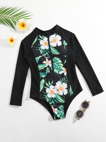 Girls Tropical Print Zipper Front One Piece Swimsuit - Black - View 5