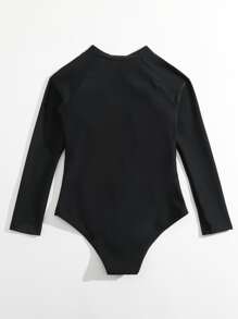 Girls Tropical Print Zipper Front One Piece Swimsuit - Black - View 2