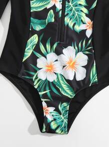 Girls Tropical Print Zipper Front One Piece Swimsuit - Black - View 4