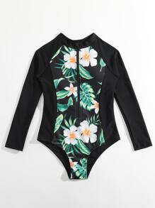 Girls Tropical Print Zipper Front One Piece Swimsuit - Black - View 1