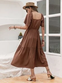 Rusttydustty Sweetheart Neck Embroidery Detail Ruffle Hem Dress - Coffee Brown - View 2