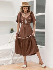 Rusttydustty Sweetheart Neck Embroidery Detail Ruffle Hem Dress - Coffee Brown - View 4