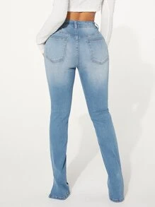 SHEIN SXY Moustache Effect Slit Hem Skinny Jeans - Light Wash - View 2
