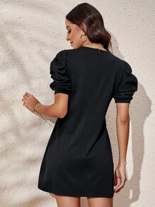 SHEIN Clasi Vestido ajustado de manga farol unicolor - Negro - Ver 3