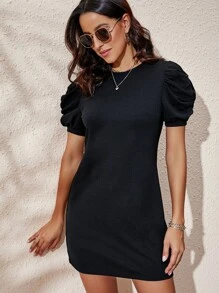 SHEIN Clasi Vestido ajustado de manga farol unicolor - Negro - Ver 4
