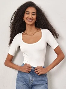SHEIN BASICS Scoop Neck Rib-Knit Tee - White - View 1