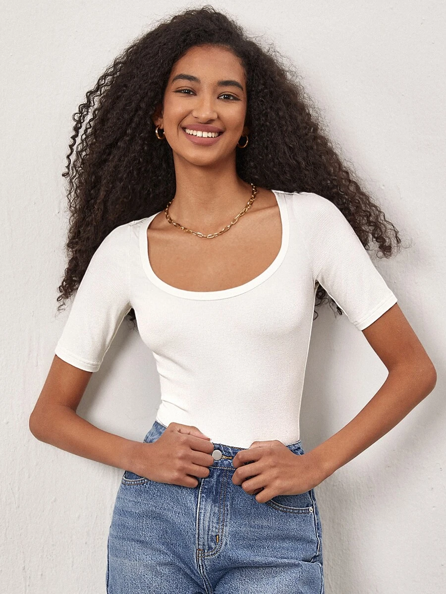 SHEIN BASICS Scoop Neck Rib-Knit Tee - White - View 1