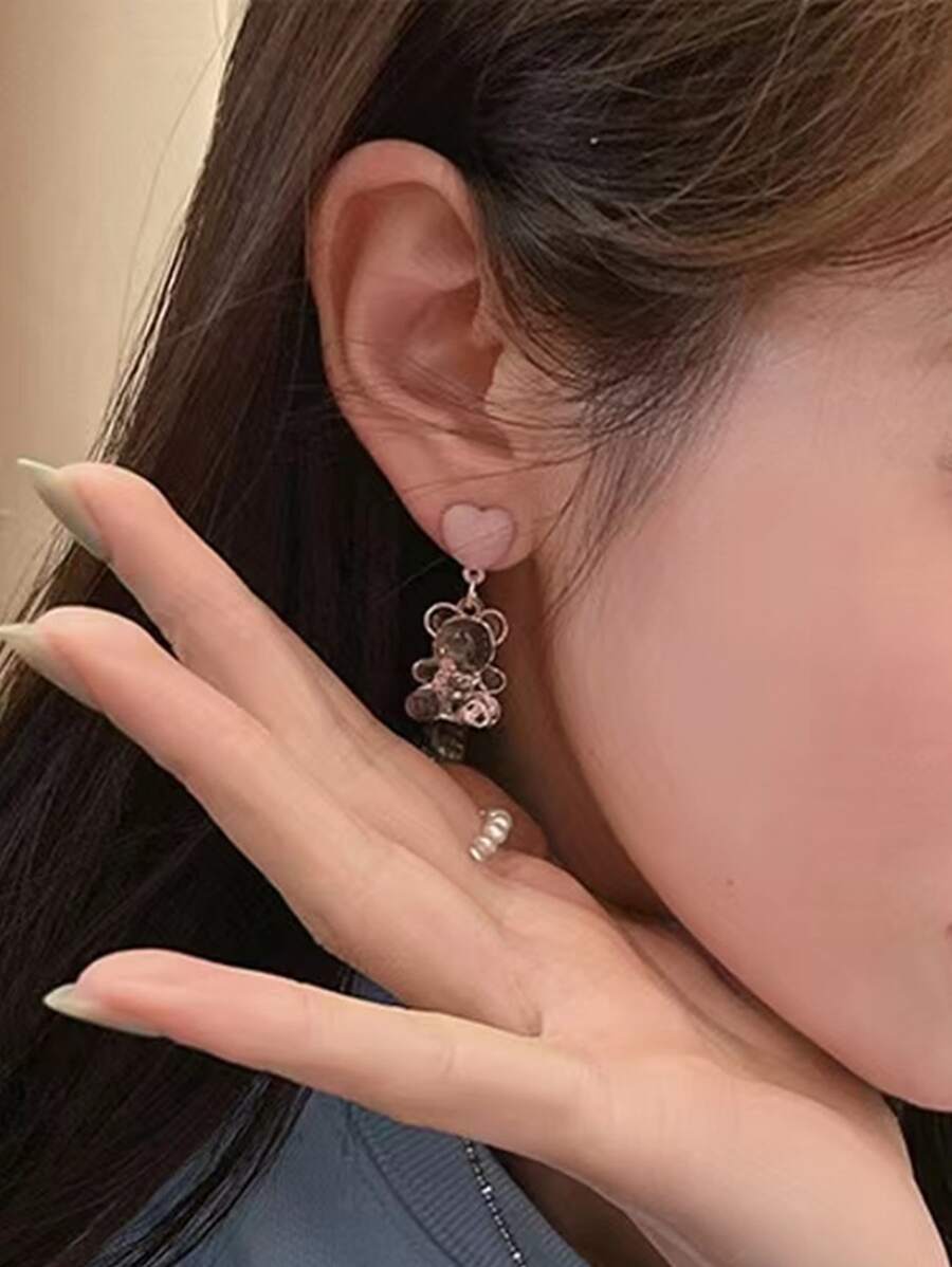 心和卡通小熊耳墜 - 淺粉色 - 查看 1