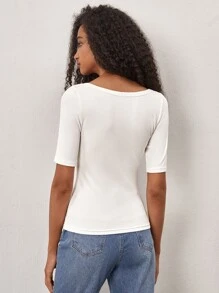 SHEIN BASICS Scoop Neck Rib-Knit Tee - White - View 2