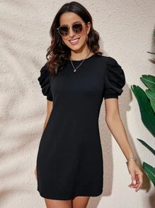 SHEIN Clasi Vestido ajustado de manga farol unicolor - Negro - Ver 5