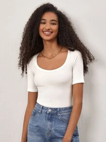 SHEIN BASICS Scoop Neck Rib-Knit Tee - White - View 4