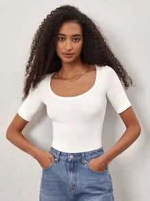 SHEIN BASICS Scoop Neck Rib-Knit Tee - White - View 5